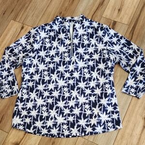 Beachtime Navy & White Women's Quarter Zip Top With Palm Trees Resort Wear 1X